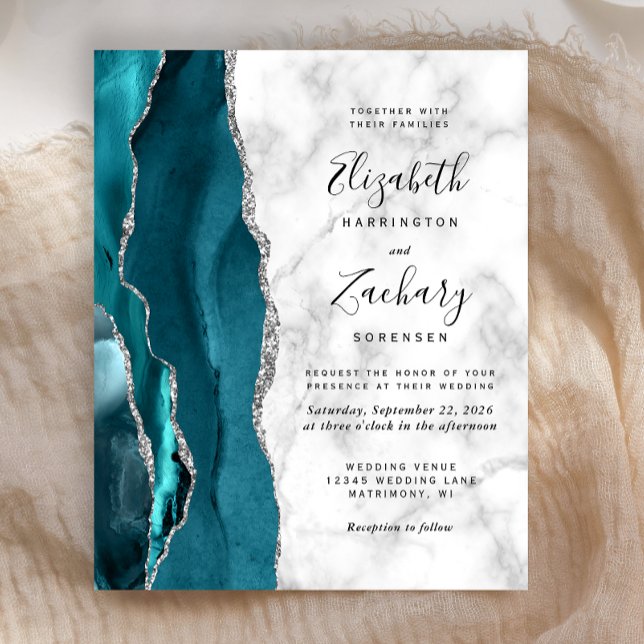 Invitation Budget Turquoise Argent Agate Marbre Ma (Créateur téléchargé)