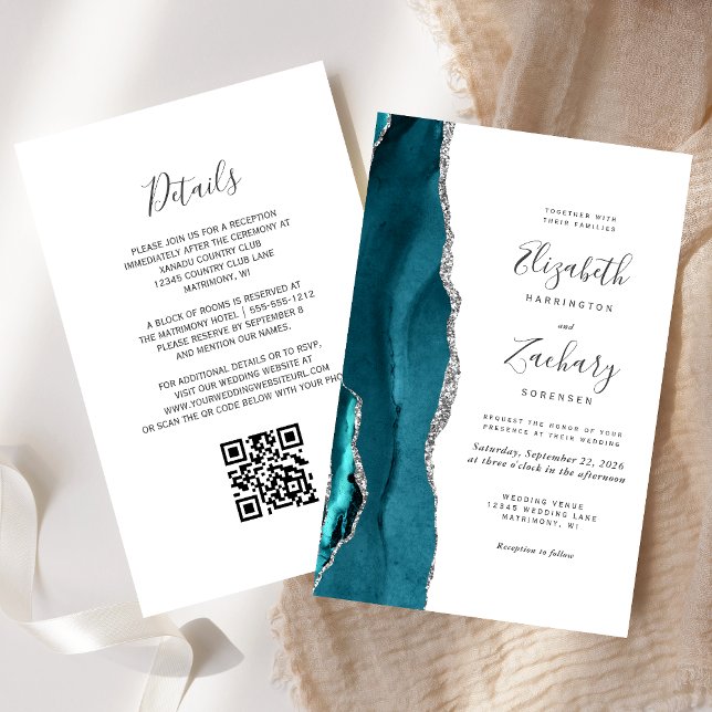 Invitation Budget Turquoise Silver Agate QR Code M (Créateur téléchargé)