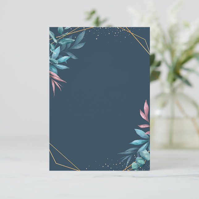 Invitation Budget vierge bleu et rose botanique mariage  (Debout devant)