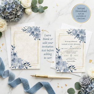 Invitation Budget vierge cadre floral et or mariage bleu