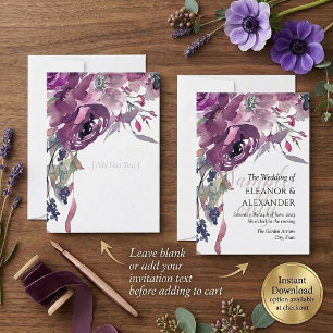 Invitation Budget vierge Fleurs aquarelles mauves mariage  