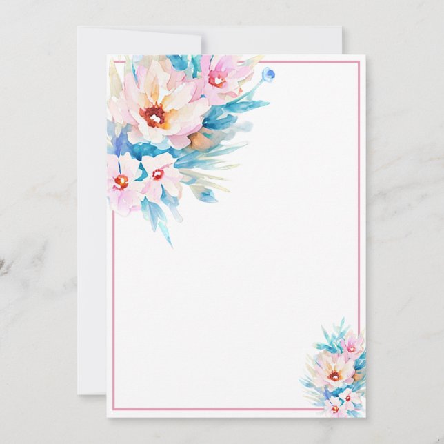 Invitation Budget vierge floral aquarelle rose et bleu (Devant)