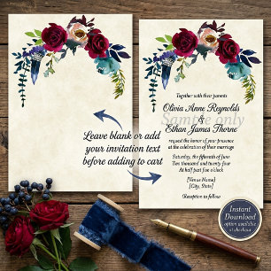 Invitation Budget vierge Mariage floral bohème rouge 