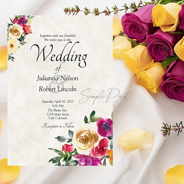 Invitation Budget vierge mariage floral citron et magenta (Créateur téléchargé)