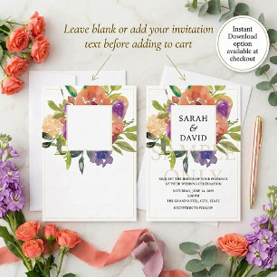 Invitation Budget vierge Mariage floral orange et violet 