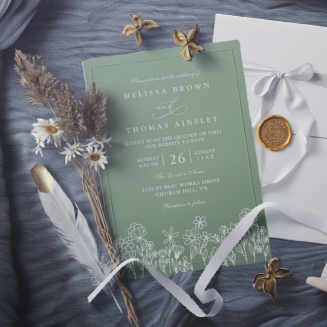 Invitation Budget Wildflower Boho Sage Green QR Code Wedding (Créateur téléchargé)