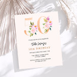 Invitation budgétaire 50e anniversaire de pêche ro<br><div class="desc">Une invitation moderne, élégante et glamour pour un 50ème anniversaire. Un arrière - plan de couleur pêche. Décoré avec des numéros de foral en faux or et rose. Le nom est écrit avec un script de style moderne écrit à la main. Personnalisez et ajoutez les détails de votre fête. 1...</div>