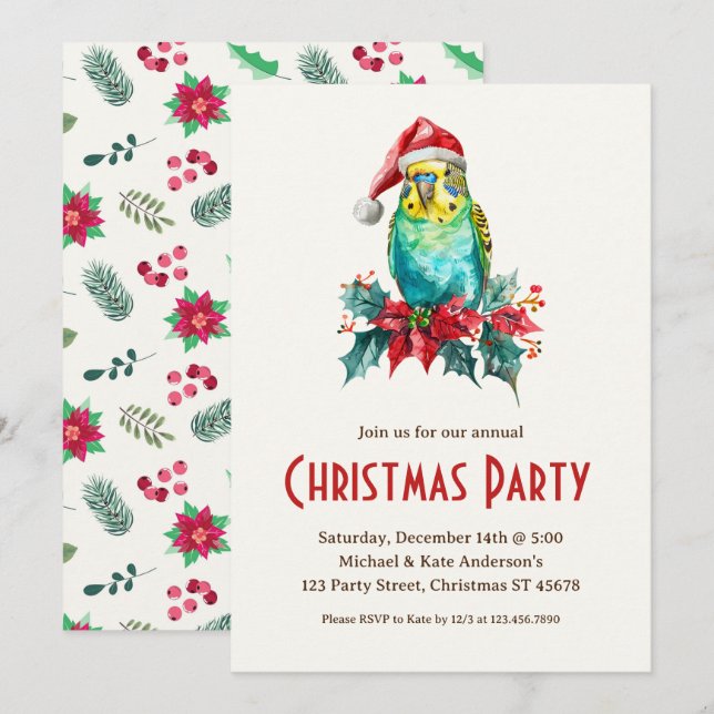 Invitation Budgie Bird Parakeet Santa Hat Noël (Devant / Derrière)