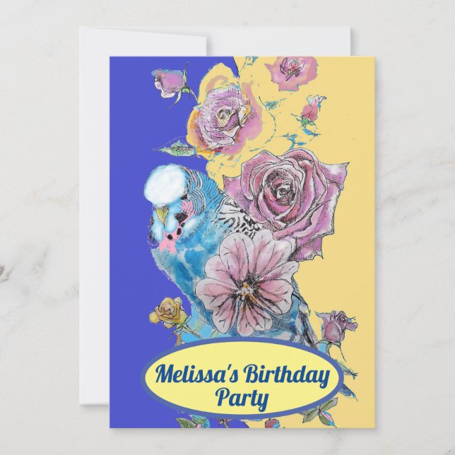 Invitation Budgie oiseau bleu Fille d'anniversaire Fleurs de  (Devant)