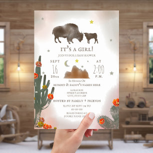 Invitation Buffalo Bison Desert Cactus Girl Baby shower