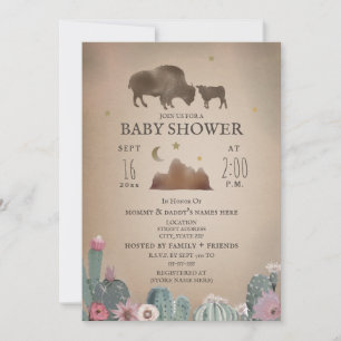 Invitation Buffalo Bison Désert Floral Girl Baby shower