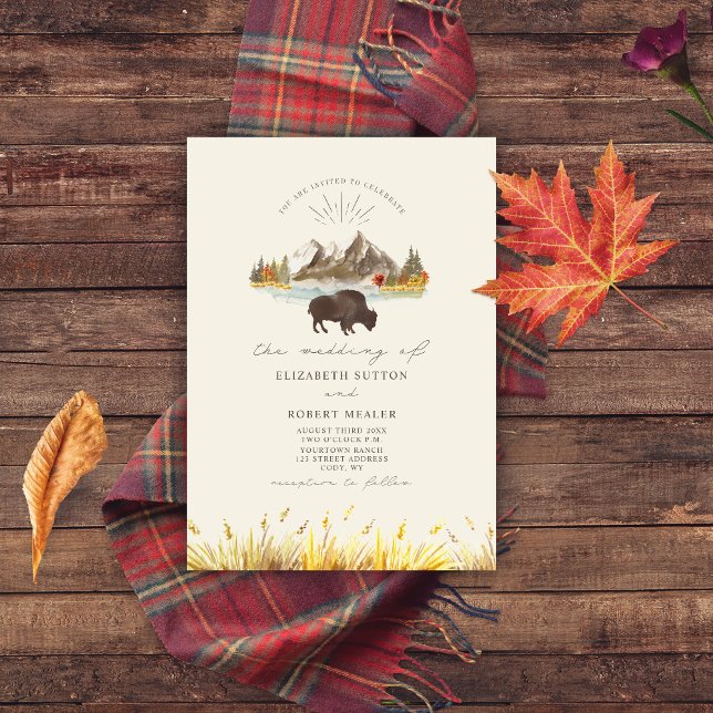 Invitation Buffalo Bison Mountains Automne Script Mariage (Créateur téléchargé)