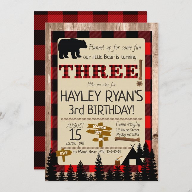 Invitation Buffalo Check Flannel Little Bear 3e anniversaire (Devant / Derrière)