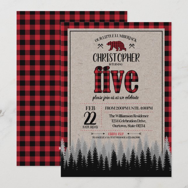 Invitation Buffalo Check Lumberjack Boy 5e anniversaire (Devant / Derrière)