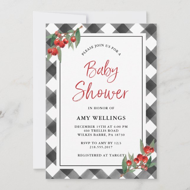 Invitation Buffalo Check Plaid Black White Custom Baby shower (Devant)