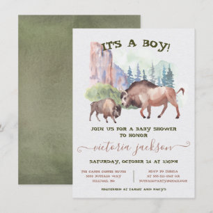 Invitation Buffalo maman et bébé baby shower rustique aquarel