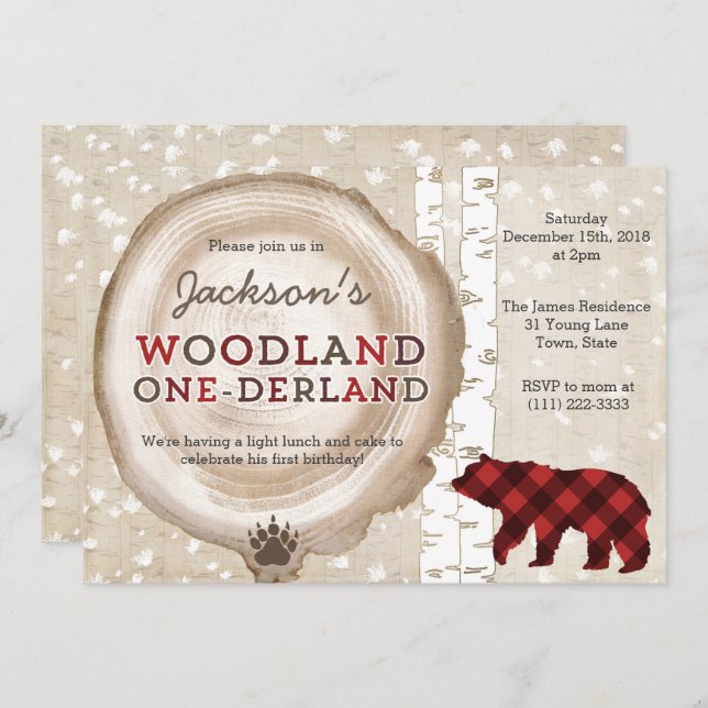 Invitation Buffalo Plaid Bear Cub Winter Forest 1er anniversa (Devant / Derrière)