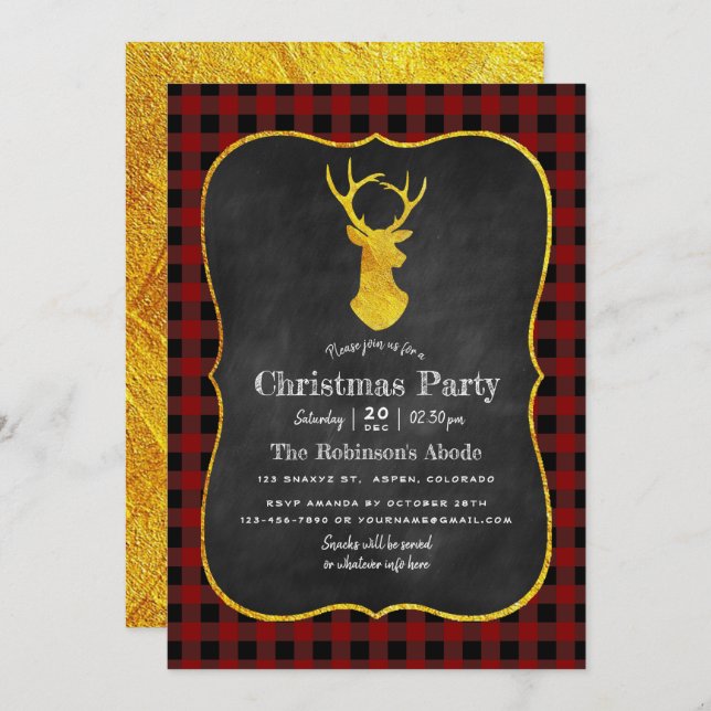 Invitation Buffalo Plaid Chalkboard Foil Noël (Devant / Derrière)