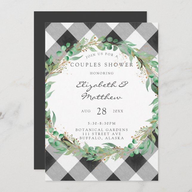Invitation Buffalo Plaid Christmas Wreath Gold Couples Douche (Devant / Derrière)