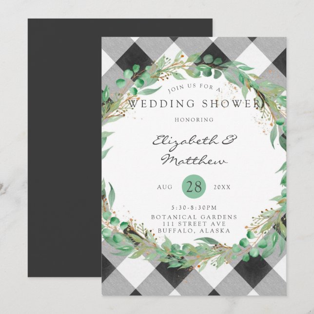 Invitation Buffalo Plaid Christmas Wreath Gold Wedding shower (Devant / Derrière)