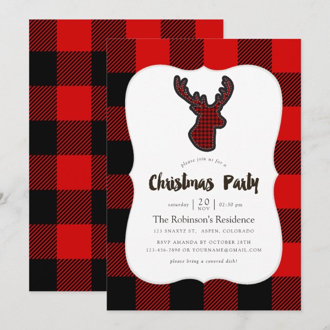 Invitation Buffalo Plaid Deer Scrapbook Motif Noël (Devant / Derrière)