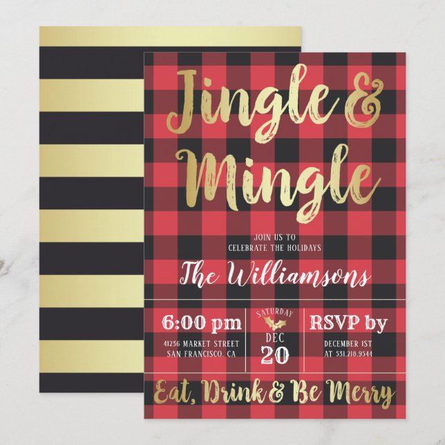 Invitation Buffalo Plaid & Gold Jingle & Mingle Holiday Party (Devant / Derrière)