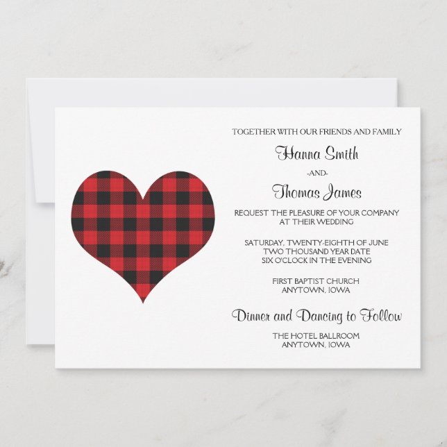 Invitation Buffalo Plaid Mariage Black Red Heart (Devant)