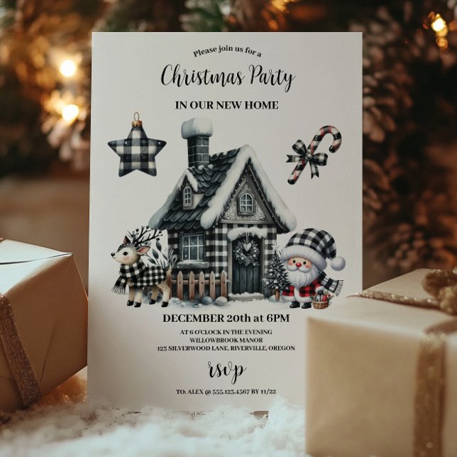 Invitation Buffalo Plaid Noir et Blanc Famille Noël (Créateur téléchargé)