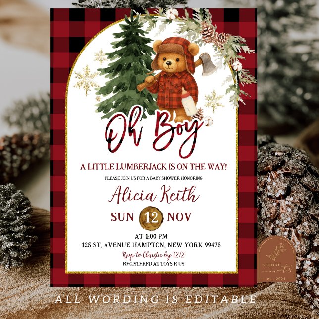 Invitation Buffalo plaid Red Winter Lumberjack Bear Shower (Créateur téléchargé)