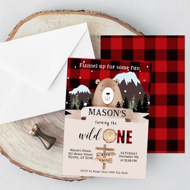 Invitation Buffalo Plaid Wild One Bear 1er anniversaire (Créateur téléchargé)