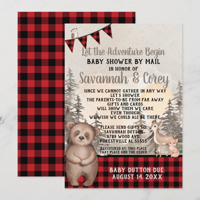 Invitation Buffalo Plaid Woodland Baby shower par la poste (Devant / Derrière)