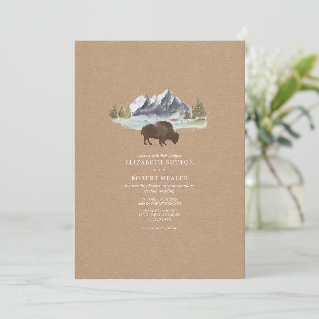 Invitation Buffalo Watercolor Mountain Cardstock Mariage (Debout devant)