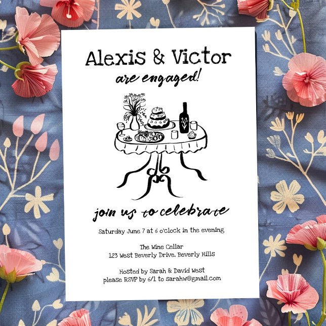 Invitation Buffet blanc DInner personnalisation de l'engageme (Whimsical Buffet Dinner Custom Engagement Party Invitation Sketch Doodle Wine)