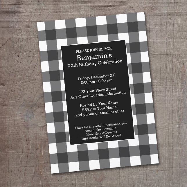 Invitation Buffle blanc et noir rustique Plaid Anniversaire (Buffalo Plaid Birthday Party Invitation)