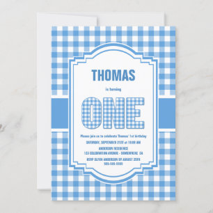 Invitation Buffle bleu et blanc plaqué 1ère fête d'anniversai