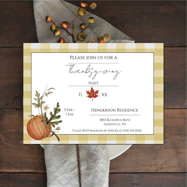 Invitation Buffle Jaune Plaid Dîner Citrouille Thanksgiving (Yellow Buffalo Plain Pumpkin Thanksgiving Dinner Invitation)