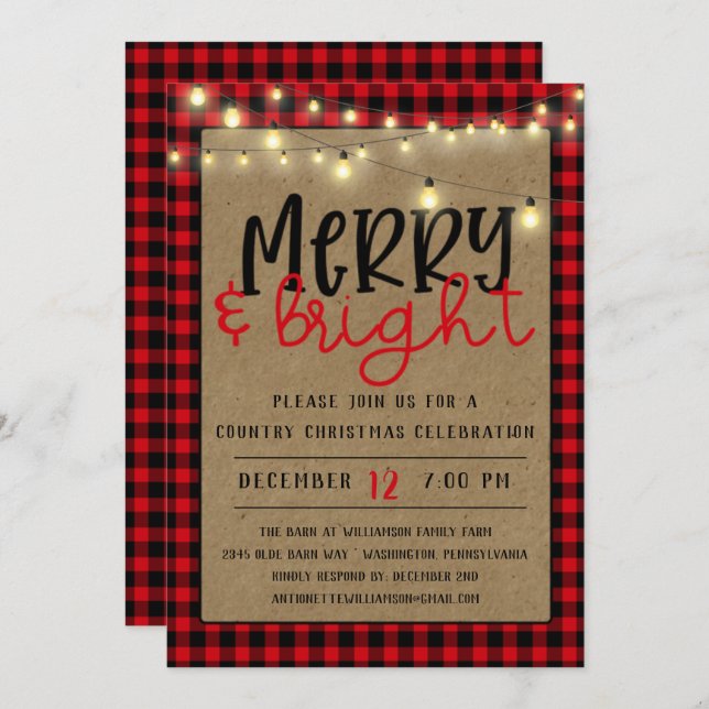 Invitation Buffle Noir Rouge Plaid Kraft Christmas Party in (Devant / Derrière)