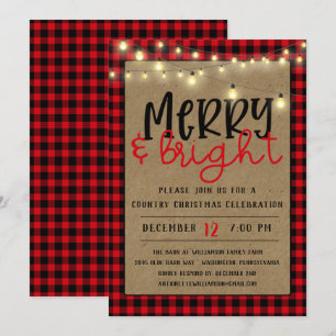 Invitation Buffle Noir Rouge Plaid Kraft Christmas Party in