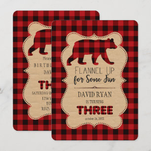 Invitation Buffle rouge Plaid Anniversaire TROIS Personnalisé
