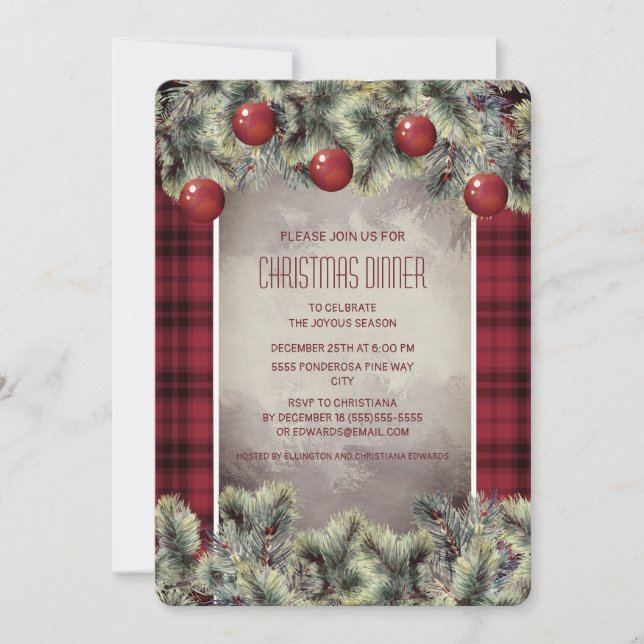 Invitation Buffle Rustique Plaid Silver Grey Dîner de Noël (Devant)