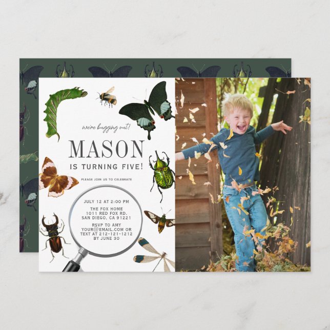 Invitation Bugs & Insectes Vintage Boy Photo Anniversaire (Devant / Derrière)