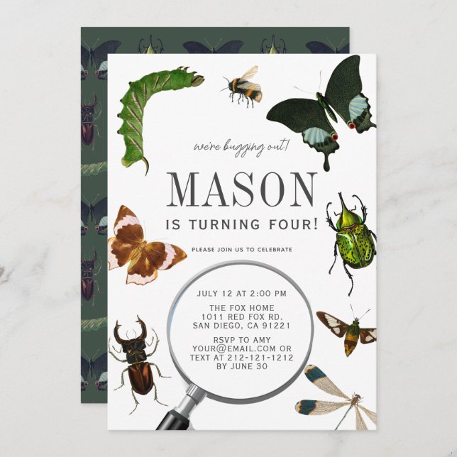 Invitation Bugs & Insectes Vintage Garçon Anniversaire (Devant / Derrière)