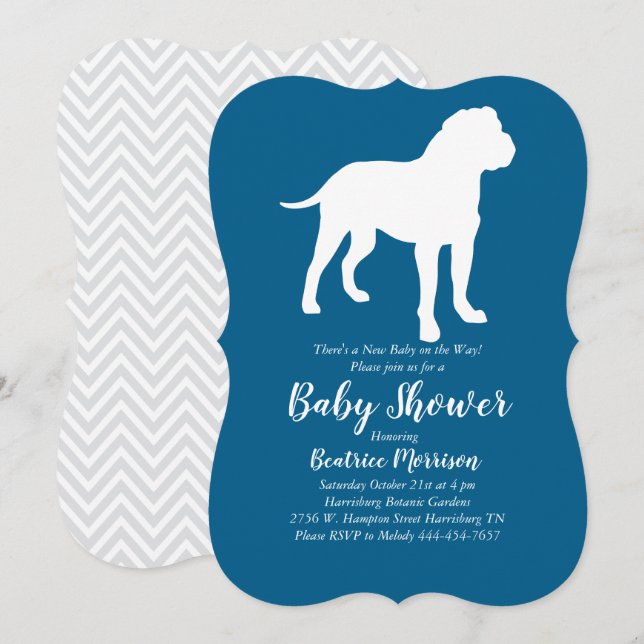 Invitation Bull Mastiff Chien Baby shower Blue Boy (Devant / Derrière)