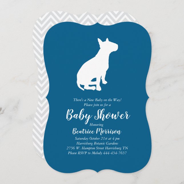 Invitation Bull Terrier Chien Baby shower Blue Boy (Devant / Derrière)