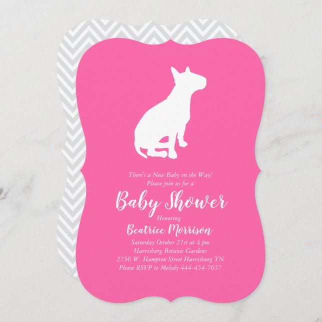 Invitation Bull Terrier Chien Baby shower fille rose (Devant / Derrière)