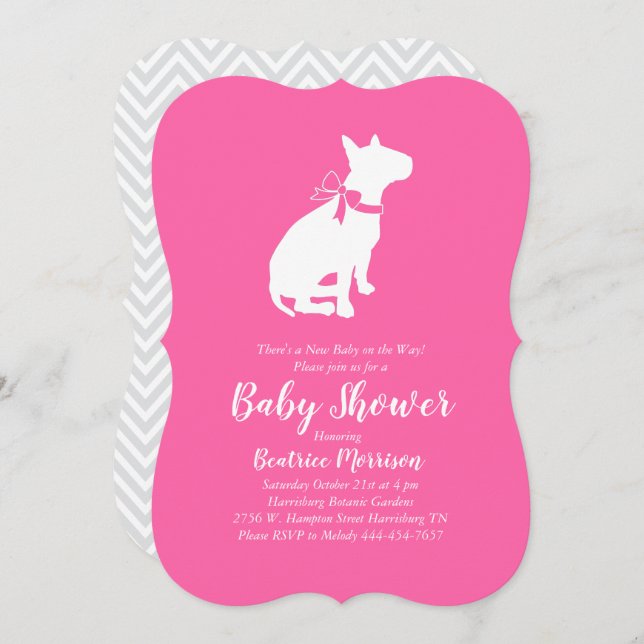 Invitation Bull Terrier Chien Baby shower fille rose (Devant / Derrière)