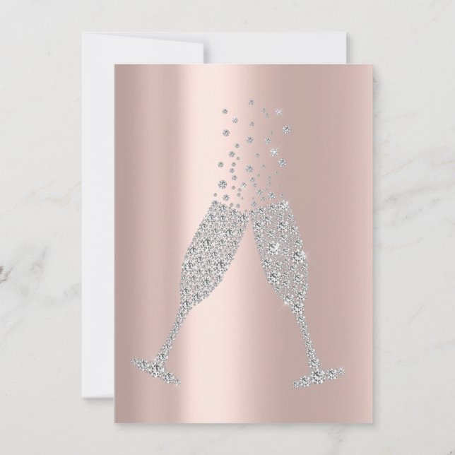 Invitation Bulle de Champagne Verre Gris Argent Diamant Rose (Dos)