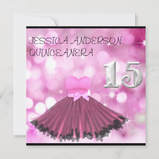 Invitation Bulle rose noire argentée de robe de QUINCEANERA (Devant)