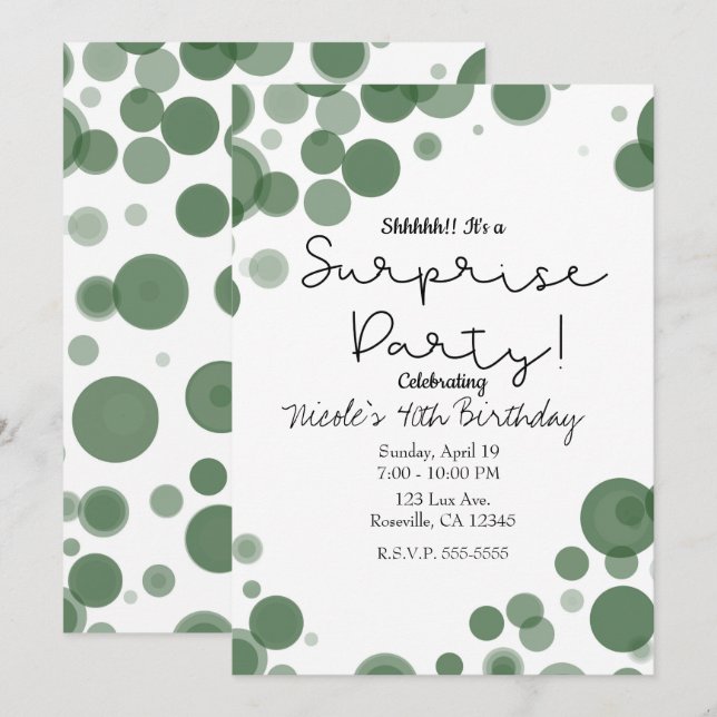 Invitation Bulles à pois verts et blancs Fête surprise (Devant / Derrière)