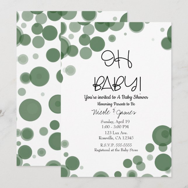 Invitation Bulles à pois verts et blancs OH BÉBÉ Shower (Devant / Derrière)